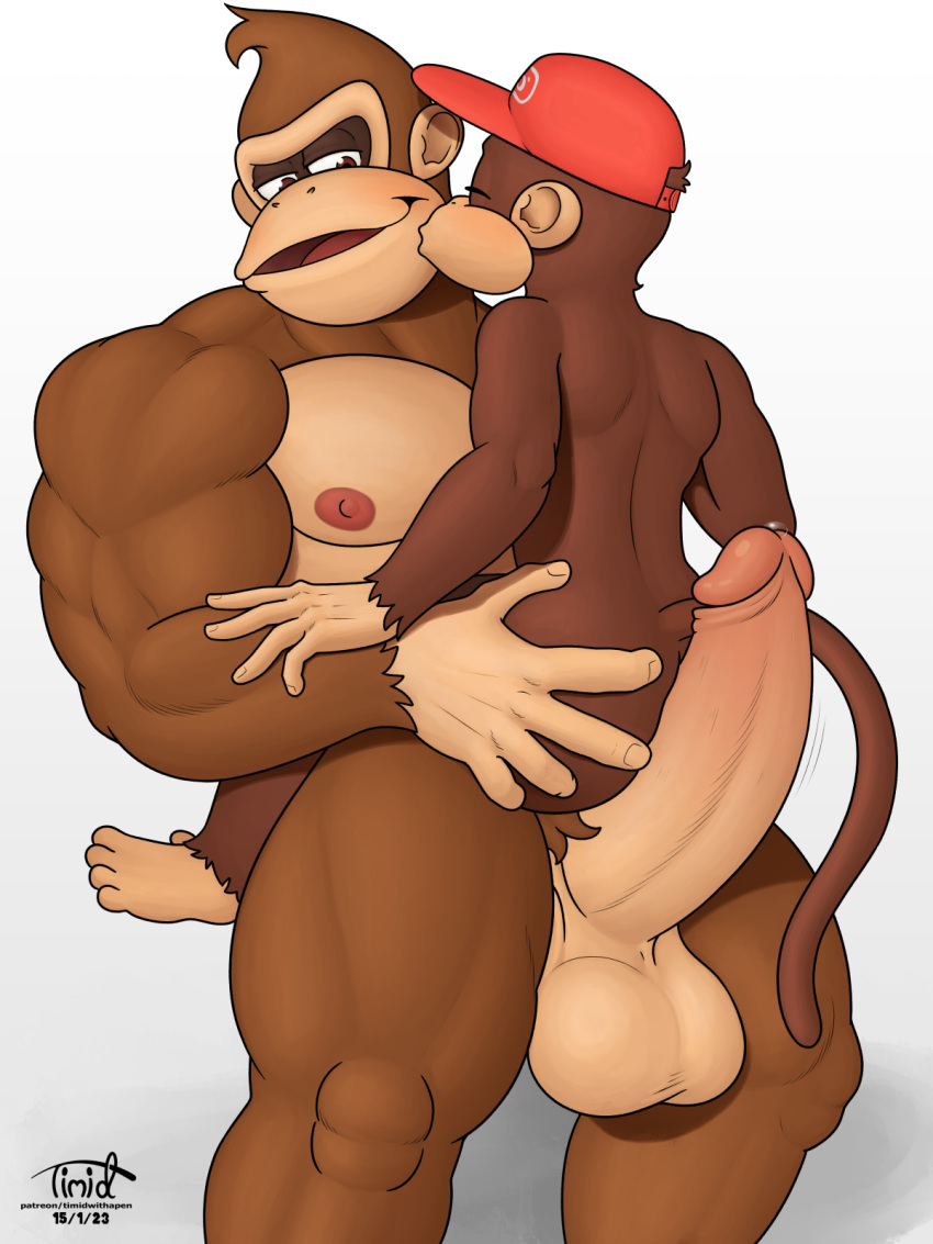 2boys anthro ape balls bodily_fluids boner brown_body cap clothing diddy_kong digital_media_(artwork) donkey_kong donkey_kong_(series) duo erection feet fur gay genital_fluids genitals gorilla hand_on_butt haplorhine hat headgear headwear hi_res humanoid_genitalia humanoid_penis male male/male male_only mammal monkey muscular muscular_anthro muscular_male nintendo nipples nude pecs penis precum primate simple_background size_difference timidwithapen young