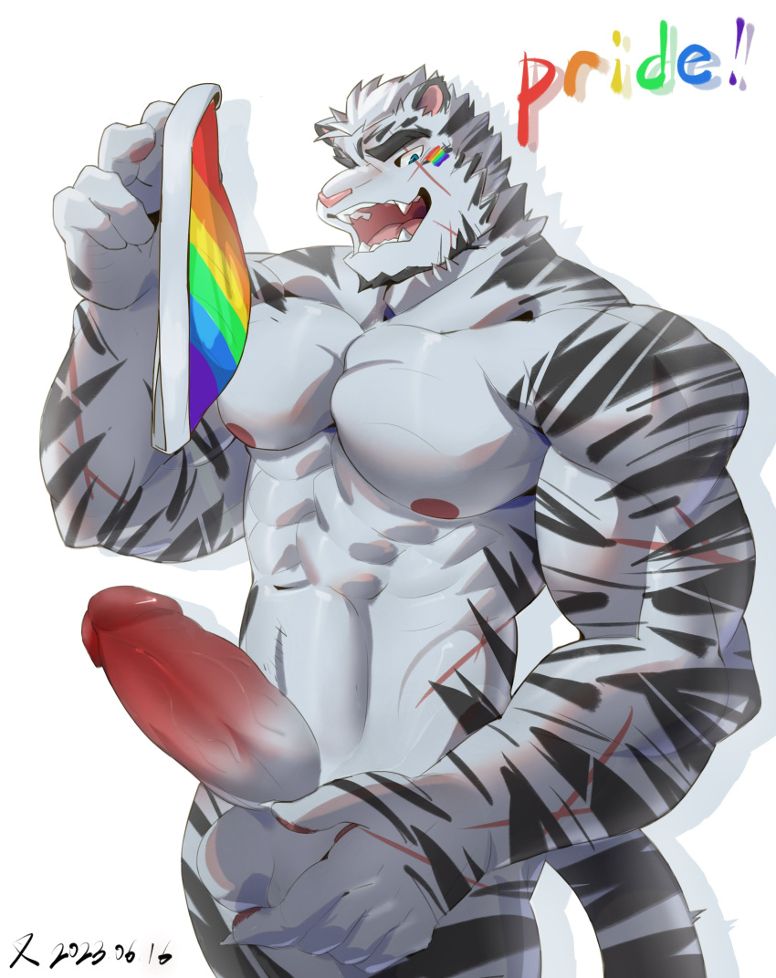 1boy :d abs absurdres animal_ears arknights bara cha_shao_bao_du completely_nude cowboy_shot dicks_out_for_pride_month facial_hair facial_mark flag furry furry_male girthy_penis goatee highres holding holding_flag huge_eyebrows large_hands large_pectorals large_penis lgbt_pride looking_at_viewer looking_to_the_side male_focus male_only mini_flag mountain_(arknights) muscular muscular_male navel nipples nude pectorals penis pride_month rainbow_flag rainbow_flag_print scar scar_across_eye scar_on_arm short_hair smile solo stomach tiger_boy tiger_ears uncensored white_hair