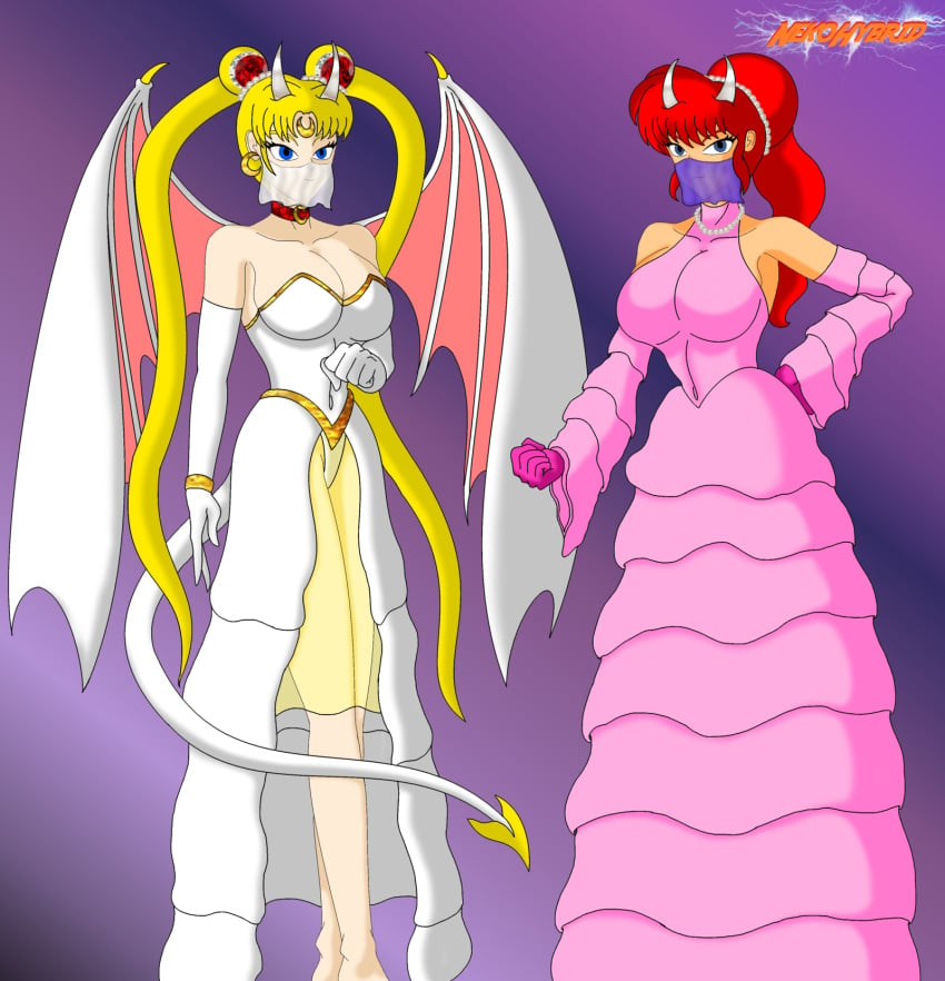 2girls bishoujo_senshi_sailor_moon bondage clothing corruption crossover demon demon_girl demon_horns demon_tail enemy_conversion female female_only high_heels huge_ass huge_breasts large_breasts lingerie multiple_girls navel nekohybrid ranma-chan ranma_1/2 ranma_saotome succubus thick_lips thick_thighs transformation usagi_tsukino wide_hips