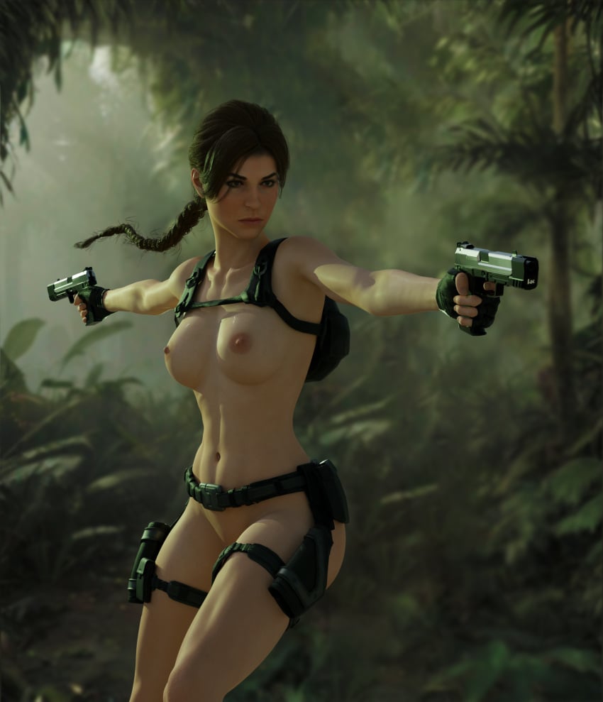 3d backpack bag belt big_breasts casual female firearm handgun handwear human lara_croft lara_croft_(survivor) legwear nude pale_skin tactical_nudity tagme tomb_raider weapon