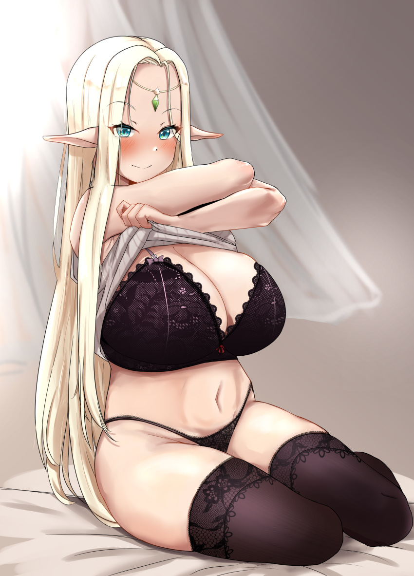 1girls 2022 black_bra black_panties blonde_hair blue_eyes bra breasts cerestia_of_life elf elf_ears elf_female female female_only goddess haihm07 hair_ornament hi_res hips huge_breasts lace_bra lace_panties last_origin long_ears long_hair mature_female mature_woman milf panties picot_trim picot_trim_bra picot_trim_panties plump pointy_ears thick_thighs thighhighs thighs top_lift undressing wide_hips