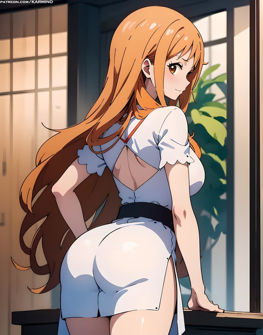 ai_generated ass back back_cutout bangs belt blush breasts brown_eyes closed_mouth clothing clothing_cutout dress female female_only from_behind indoors karmino large_breasts long_hair looking_at_viewer looking_back median_furrow nami nami_(one_piece) one_piece orange_eyes orange_hair plant short_dress short_sleeves shoulder_blades sideboob sidelocks smile solo standing thighs very_long_hair white_dress window