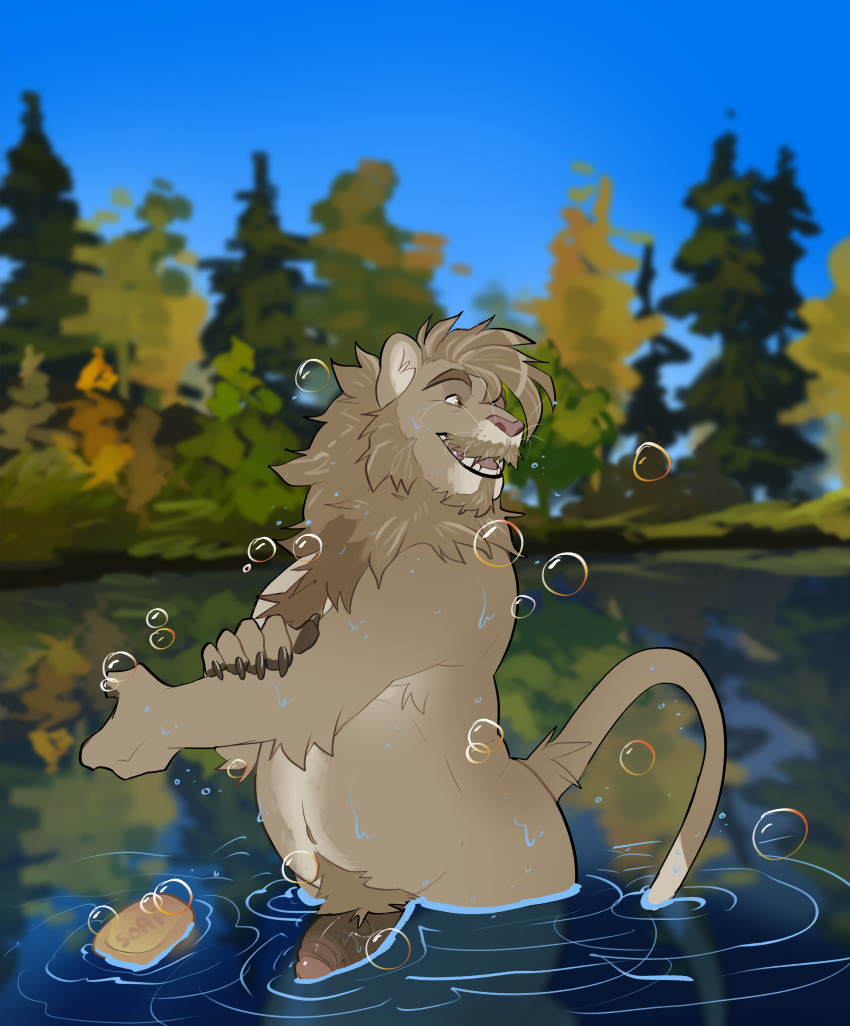 absurd_res anthro bathing facial_hair felid foreskin genitals hi_res keith_(aejann) likanen lion looking_back male mammal mature_male moustache nude outside pantherine penis raised_tail slightly_chubby smile soap solo swimming yellow_eyes