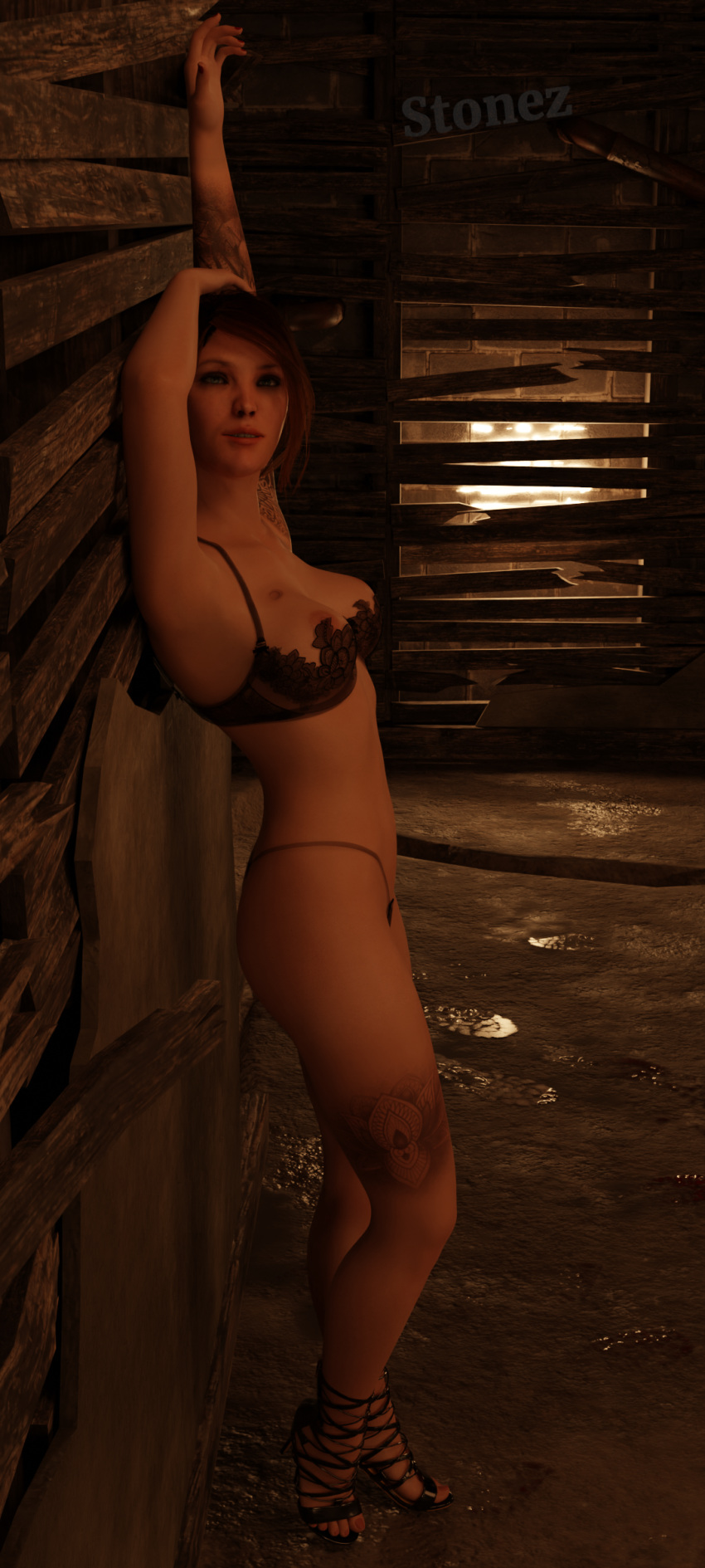 3d basement blonde_hair breasts dbd dead_by_daylight feet heels kate_denson lingerie panties solo_female stonez tattoo tits toes