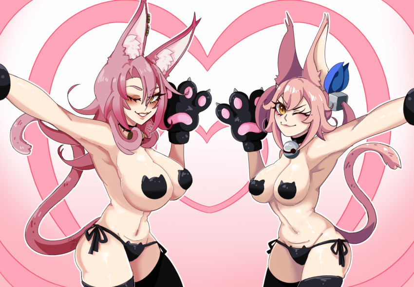 animal_humanoid anthro big_breasts blush breasts cat_humanoid clothing collar domestic_cat duel_monster duo felid felid_humanoid feline feline_humanoid felis female gloves hair handwear hi_res huge_breasts humanoid konami legwear long_hair looking_at_viewer mammal mammal_humanoid navel one_eye_closed panties paws pink_hair rinny-tan rinnytanart short_hair sibling_(lore) simple_background sister_(lore) thighhighs tri-brigade tri-brigade_ferrijit_the_barren_blossom tri-brigade_kitt underwear wink winking_at_viewer yu-gi-oh!