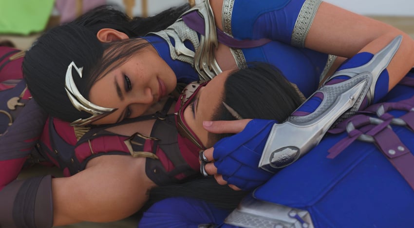 2girls 3d black_hair caressing clone clonecest cuddling edenian female female_only fully_clothed head_on_chest kitana kitana_(new_era) kiteena long_hair masked masked_female mileena mileena_(new_era) mortal_kombat mortal_kombat_1_(2023) playing_with_hair princess rayalterego23 royalty sisters sleeping smile touching_hair yuri