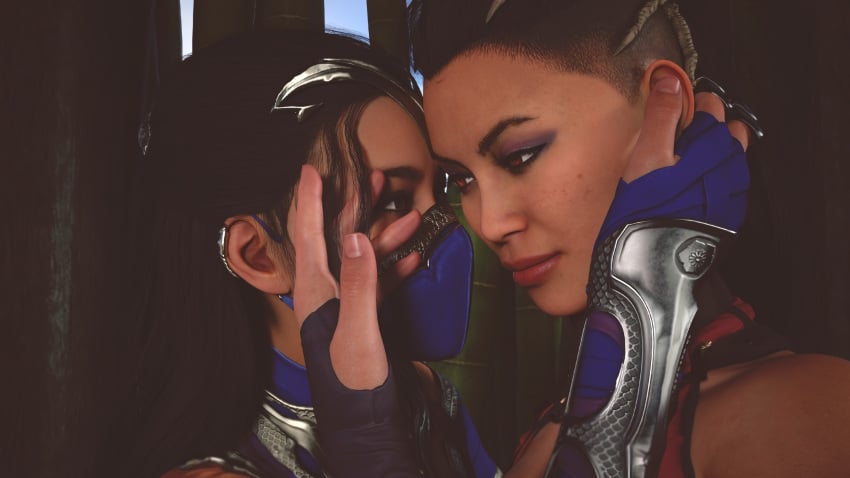 2girls 3d almost_kissing black_hair caressing clone clonecest edenian eye_contact female female_only fully_clothed hidden imminent_kiss kitana kitana_(new_era) kiteena long_hair masked masked_female mileena mileena_(new_era) mortal_kombat mortal_kombat_1_(2023) playing_with_hair princess rayalterego23 royalty sisters smile touching_face yuri