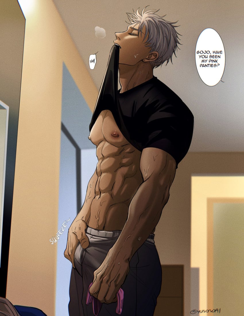 1boy abs artist_name background_character bulge bulge_grab closed_eyes clothing dialogue english_text horny horny_male huff jujutsu_kaisen male_focus male_only muscular_male nipples panties satoru_gojo shirt_in_mouth shirt_lift solo_male sweat veins white_hair yuannaoi