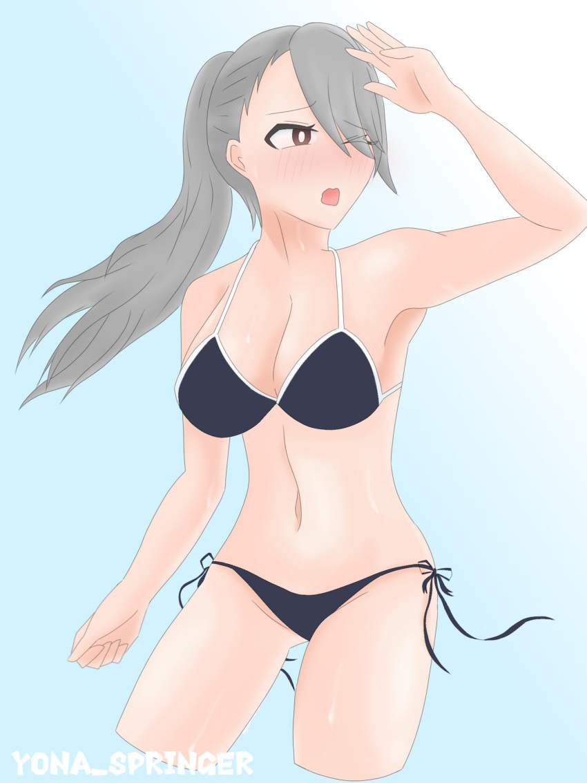 bikini black_bikini blush kishi_himeko komi-san_wa_komyushou_desu medium_breasts silver_eyes silver_hair yona_springer