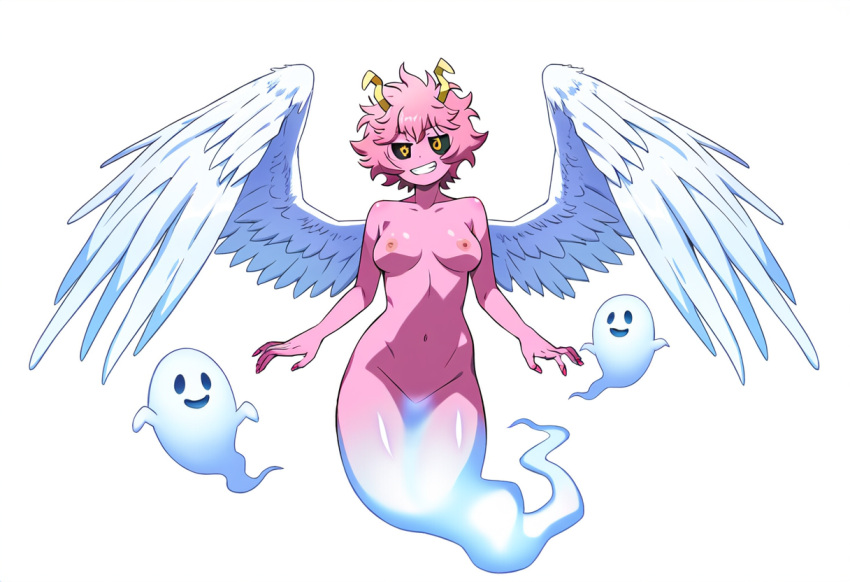 ai_generated ai_hands angel angel_wings black_sclera boku_no_hero_academia featureless_crotch ghost ghost_girl ghost_tail mina_ashido my_hero_academia novelai pink_body pink_nipples pink_skin smile smirk spirit wisp