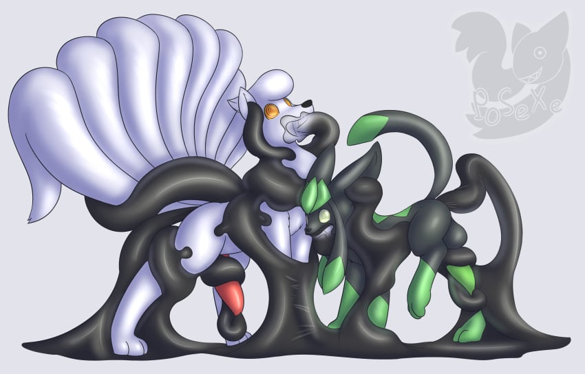 2018 9_tails absurd_res alolan_form alolan_ninetales anal anal_sex balls black_body black_goo body_invasion bound duo ear_penetration eeveelution encasement feral generation_4_pokemon genitals glaceon goo_creature goo_transformation green_penis hi_res latex latex_transformation liquid_latex male male/male multi_tail ninetales nintendo penetration penis permagrin pokemon pokemon_(species) posexe quadruped raised_hindleg raised_tail regional_form_(pokemon) restrained simple_background slime spiral_eyes tail tentacle tentacle_around_penis tentacle_in_urethra tentacle_penetration transformation urethral urethral_penetration watermark white_body