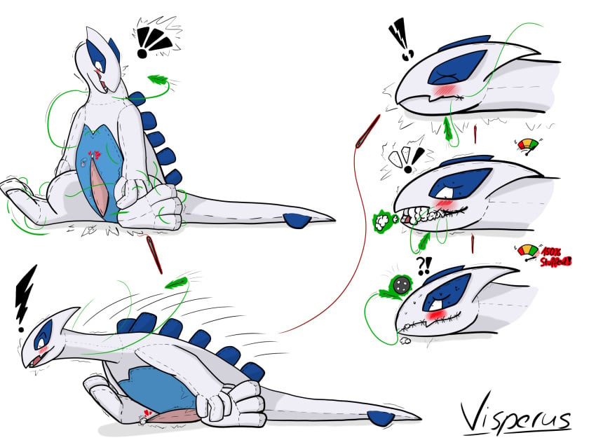 2023 anthro black_eyes blue_body blush blush_lines bodily_fluids button_(fastener) cotton cum english_text erection exclamation_point falling generation_2_pokemon genital_fluids handwritten_text heart hi_res inanimate_transformation legendary_pokemon looking_at_object lugia male mid_transformation multicolored_body nintendo open_mouth orgasm_denial plush_stuffing plushie plushie_transformation plushification pokemon pokemon_(species) sewing sewing_needle sewn_mouth signature simple_background solo string stuffing_(material) surprised_expression text transformation transformation_sequence two_tone_body unusual_bodily_fluids unusual_cum unusual_genital_fluids visperus white_body