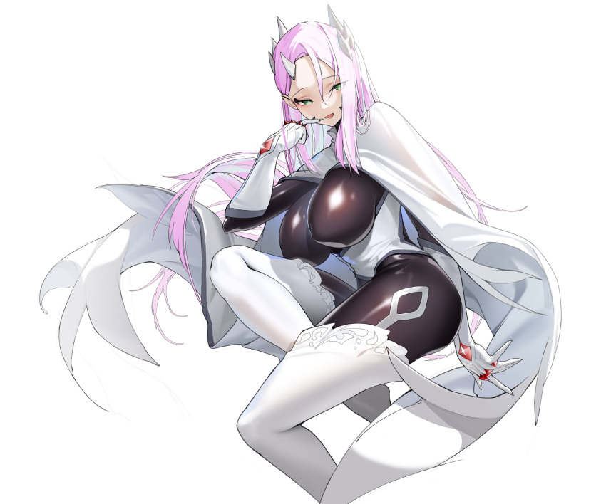 absurdres artist_request black_bodysuit bodysuit boots breasts cape female gloves green_eyes highres horns impossible_clothes large_breasts long_hair mato_seihei_no_slave najiu_jiao_xiaolan_ba pink_hair shiny_clothes skin_tight thigh_boots white_cape white_footwear white_gloves yuno_naon