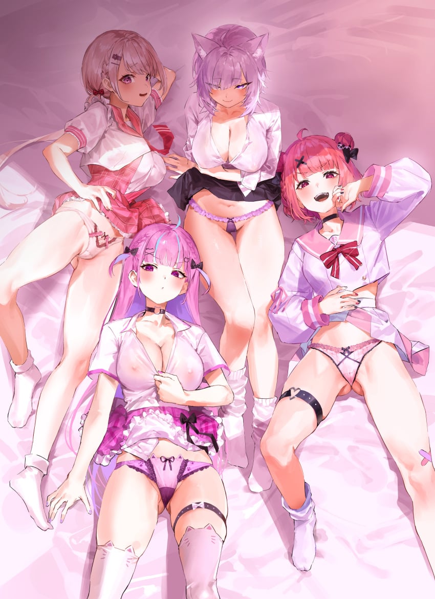 4girls ahoge animal_ear_fluff black_choker blue_hair blush breasts cat_ears cat_girl cleavage closed_mouth covered_nipples gradient_hair hair_bun hololive hololive_gamers hololive_gen_2 hololive_japan kuroi_suna large_breasts long_hair long_sleeves minato_aqua multiple_girls navel nekomata_okayu nijisanji open_mouth pink_eyes pink_hair pink_panties purple_eyes purple_hair purple_panties sasaki_saku shiina_yuika short_hair short_sleeves smile spread_legs straight_hair thighs two_side_up virtual_youtuber white_hair white_panties