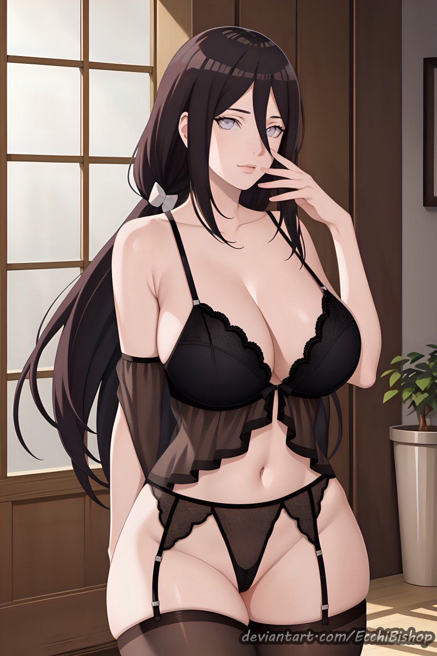 1girls ai_generated bare_chest bare_midriff bare_shoulders big_breasts boruto:_naruto_next_generations bra breasts brown_hair cleavage collarbone deviantart_username ecchibishop female female_only front_view huge_breasts hyuuga_hanabi legwear light-skinned_female light_skin lingerie lingerie_bra lingerie_panties looking_at_viewer midriff naruto naruto_(series) naughty naughty_face naughty_smile on_back on_bed oppai panties solo solo_focus spread_legs stable_diffusion stockings thighs underwear underwear_only upper_body url very_long_hair viewed_from_below violet_eyes watermark web_address white_skin