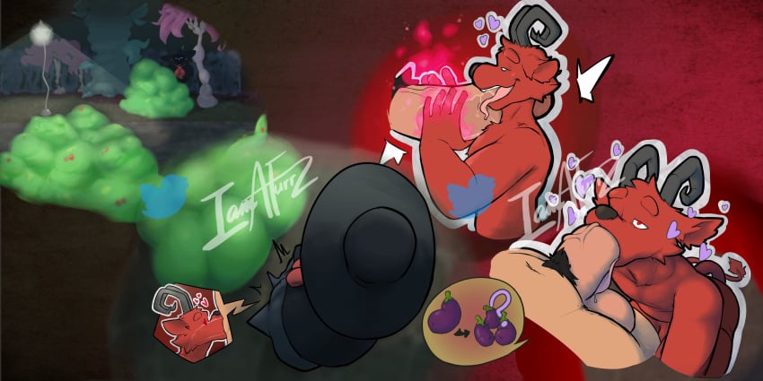 2boys anthro balls blowjob caprine caprine_demon don't_starve eggplant furry furrzabinch gay heart heart_eyes horn klei_entertainment open_mouth penis red_fur smiling tail wortox