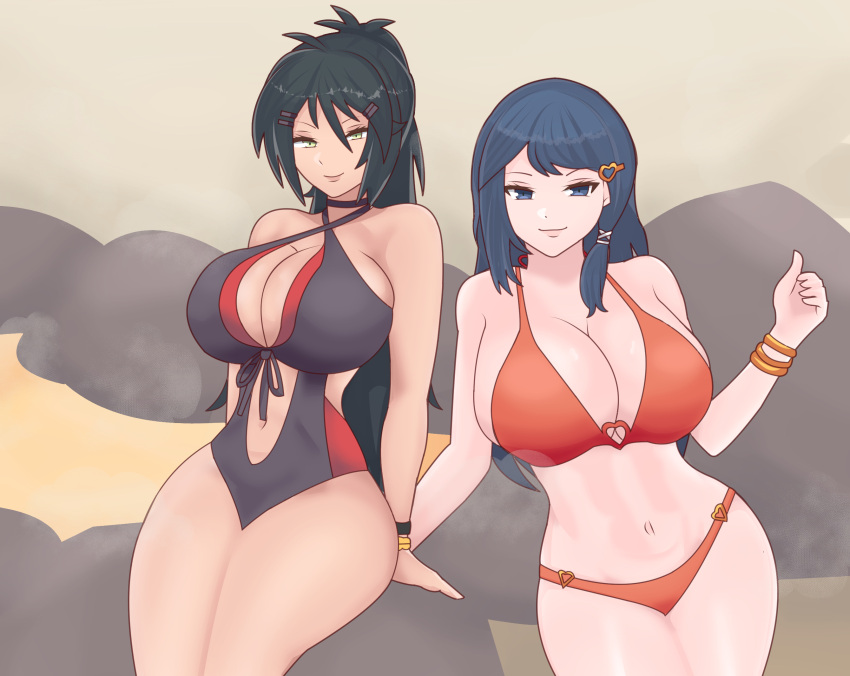 2girls bare_thighs bikini black_hair black_swimsuit blue_eyes blue_hair breasts cleavage dark_green_hair djames female female_only fire_emblem green_eyes green_hair group_bathing huge_breasts kurono_kiria large_breasts long_hair looking_at_viewer multiple_girls nintendo one-piece_swimsuit onsen orange_bikini orange_swimsuit oribe_tsubasa ponytail smile swimsuit thighs tokyo_mirage_sessions_#fe very_long_hair