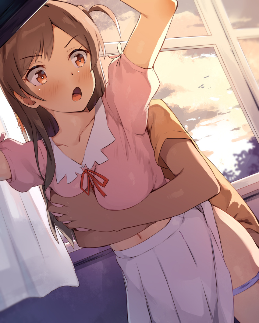 1boy breast_grab breasts brown_hair collarbone female grabbing grabbing_from_behind highres kanojo_okarishimasu long_hair medium_breasts mizuhara_chizuru open_mouth orange_eyes pink_shirt pleated_skirt seneto sex sex_from_behind shirt short_sleeves skirt solo_focus straight white_skirt