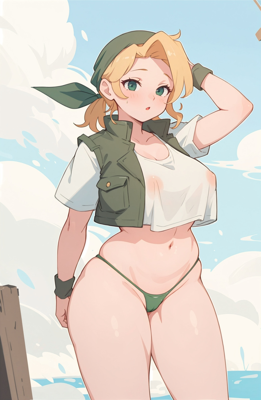 ai_generated barely_clothed blonde_hair breasts eri_kasamoto green_hair green_thong green_vest huge_boobs huge_breasts jorgecarlosai metal_slug military military_uniform navel ponytail tank_top thick thick_ass thick_thighs thong vest white_tank_top wide_hips