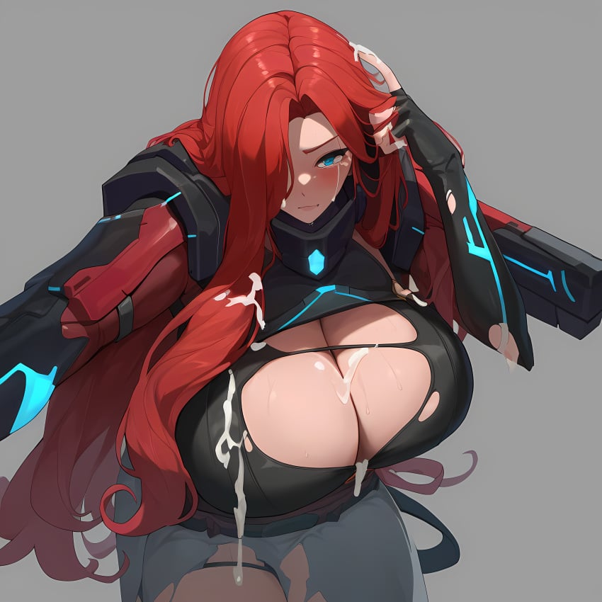 ai_generated big_breasts cum cum_in_hair cum_on_breasts cum_on_face cum_on_hair dripping_cum gun_goddess_miss_fortune huge_breasts league_of_legends miss_fortune nai_diffusion red_hair torn_clothes torn_clothing