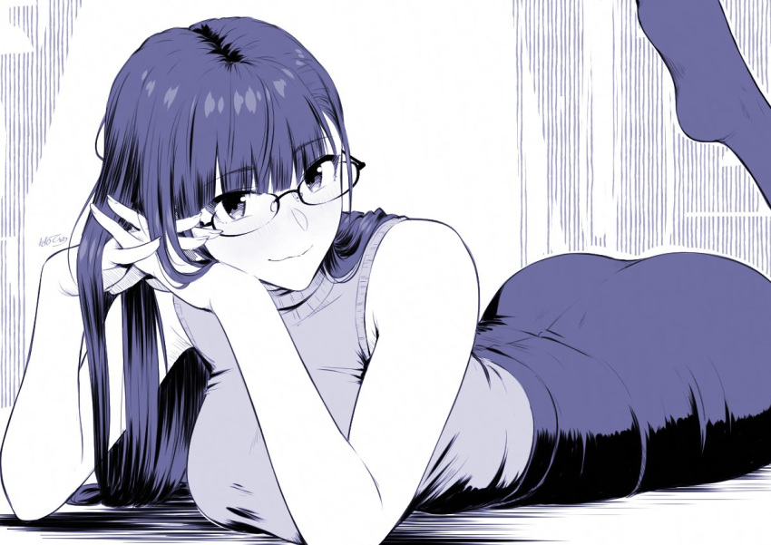 big_ass big_breasts feet feet_up glasses legs_up long_hair looking_at_viewer lying lying_down lying_on_stomach nanahime skirt smiling_at_viewer socks tight_clothing