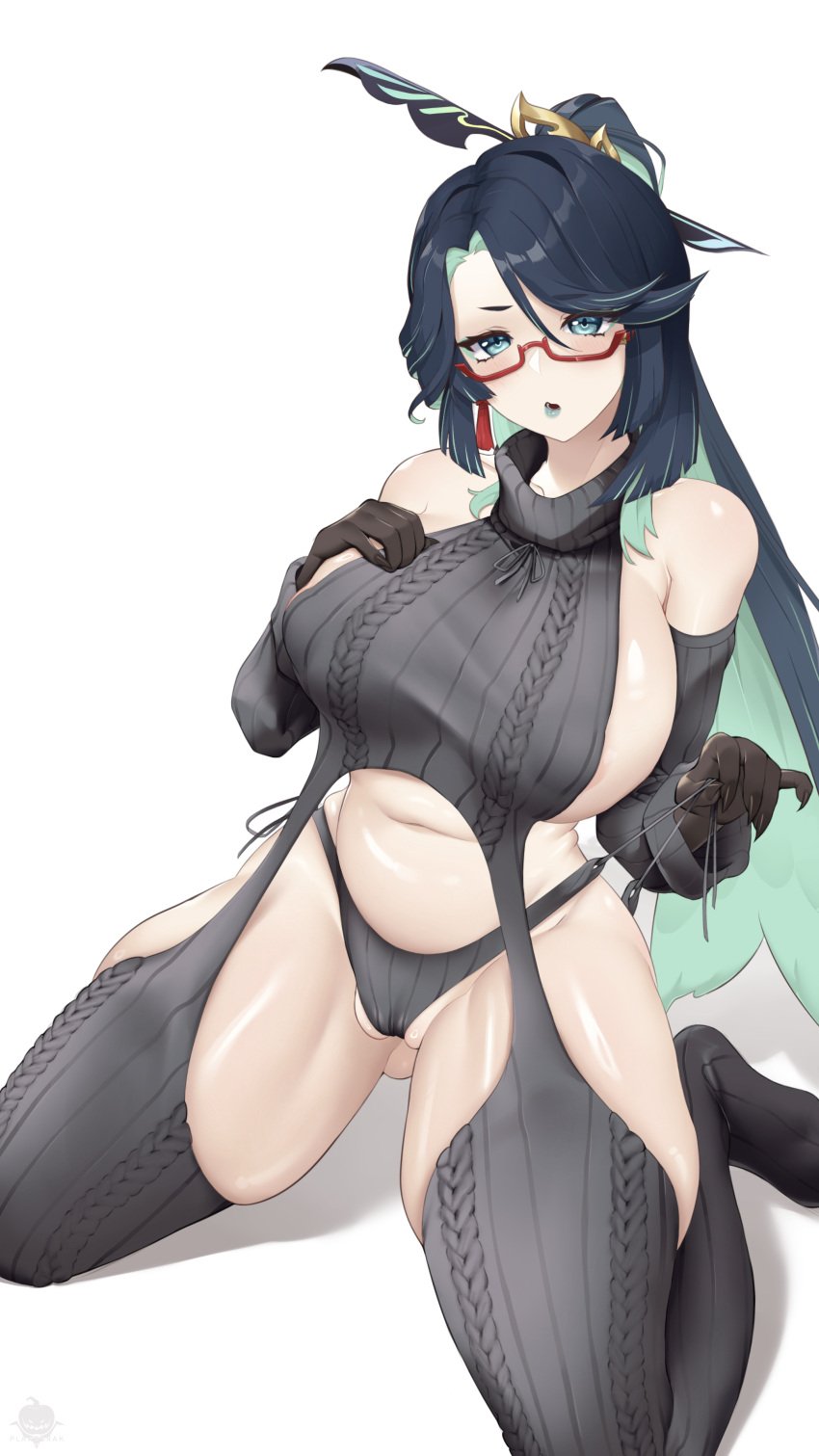 1girls alternate_version_available armwear big_breasts black_hair black_thong blue_eyes breasts eyeshadow eyewear female female_only genshin_impact glasses hair hair_ornament huge_breasts lips lipstick long_hair mature mature_female mature_woman no_text_version planterak_draws skimpy skimpy_clothes solo solo_female sweater textless textless_version thick_thighs thighs thong virgin_destroyer_sweater virgin_killer_sweater xianyun_(genshin_impact)