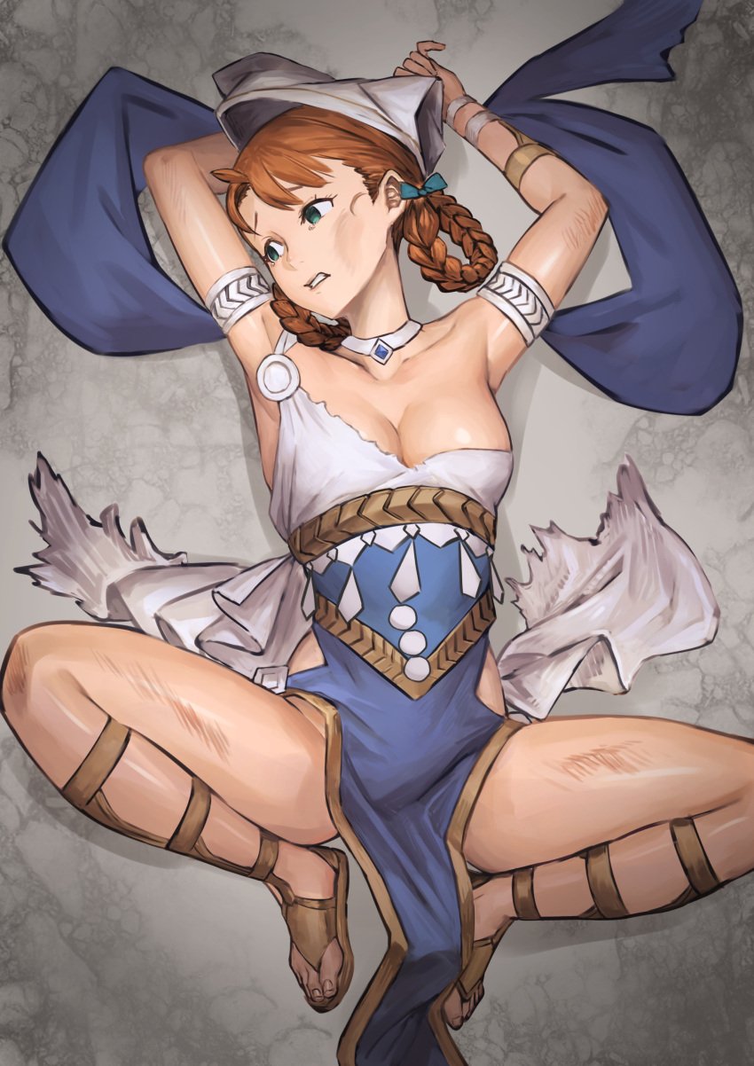 1girls absurdres alternate_costume alternate_hairstyle ancient_greek_clothes annette_fantine_dominic armlet bracelet braid braided_hair_rings breasts choker cleavage commission daisuke_6897 dancer dancer_(fire_emblem:_three_houses) dancer_(three_houses) dancer_outfit dress female female_only fire_emblem fire_emblem:_three_houses fire_emblem_warriors:_three_hopes gladiator_sandals greco-roman_clothes green_eyes hair_rings hat highres jewelry lying medium_breasts nintendo official_alternate_hairstyle on_back orange_hair pelvic_curtain sandals single-shoulder_dress single_strap skeb_commission solo thighs toenails toes torn_clothes