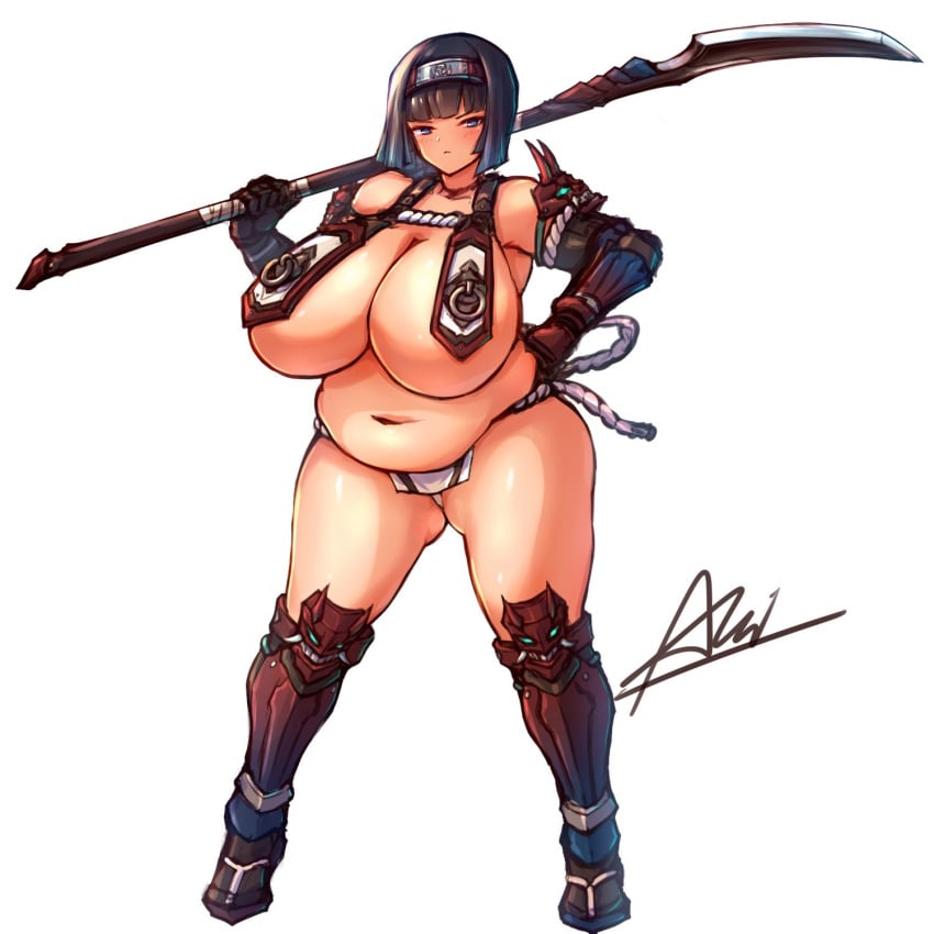 1girls 2023 4545akichan absurd_res armor bangs bbw belly black_hair blue_eyes breasts chubby chubby_female curvaceous curvy female female_focus hand_on_hip huge_breasts lance short_hair simple_background skimpy_armor solo solo_female solo_focus thick_thighs thighs voluptuous weapon white_background