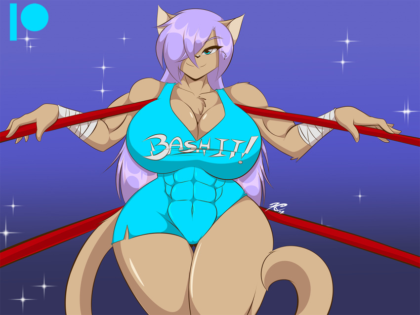 1girls 2022 anthro arm_wraps blue_hair breasts cameltoe cleavage cougar feline female female_only furry huge_breasts linda_bash long_hair looking_at_viewer mastergodai muscular muscular_female rascals solo tan_fur thick_thighs voluptuous wide_hips wrestling_ring