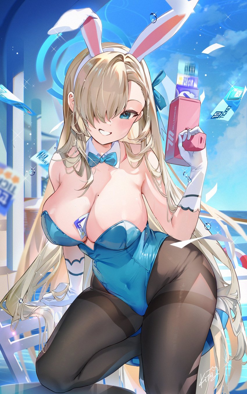 arm_support asuna_(blue_archive) asuna_(bunny)_(blue_archive) blue_archive cleaning_&_clearing_(blue_archive) english_text gun holding_object huge_ass huge_breasts huge_thighs kita_(kitairoha) millennium_science_school_logo_(blue_archive) millennium_science_school_student object_between_breasts on_table posing signature sparkles thick_thighs ticket water_droplets wide_hips