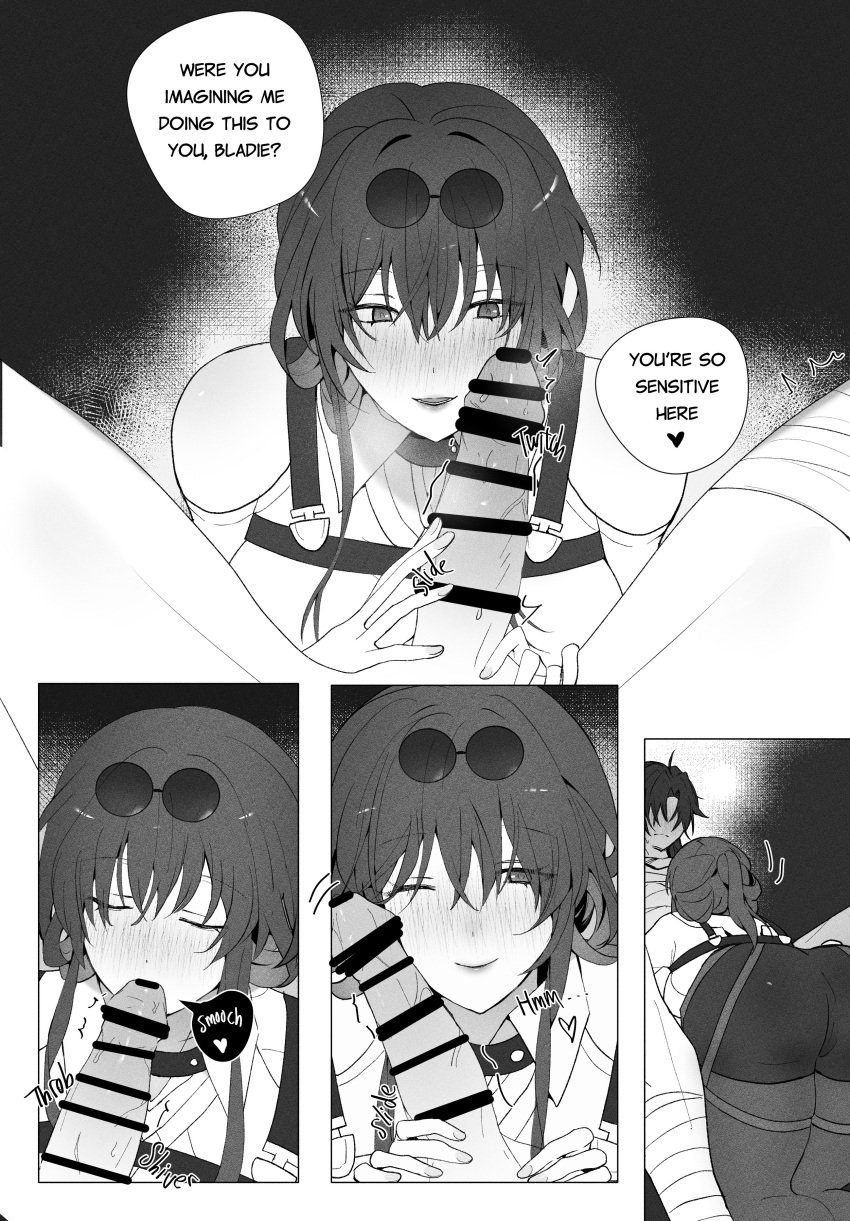 1boy 1girls ass big_ass big_butt blade_(honkai:_star_rail) censored clothed clothed_female comic comic_page honkai:_star_rail honkai_(series) kafka_(honkai:_star_rail) light-skinned_female light_skin penis_on_cheek penis_on_face sgrimp text text_bubble thick_ass