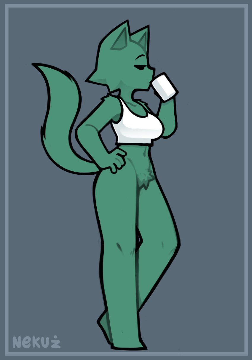 absurd_res anthro bottomless bottomless_female clothed clothing container cup domestic_cat drinking felid feline felis female hi_res mammal midriff nekuzx pubes sara_(nekuzx) solo