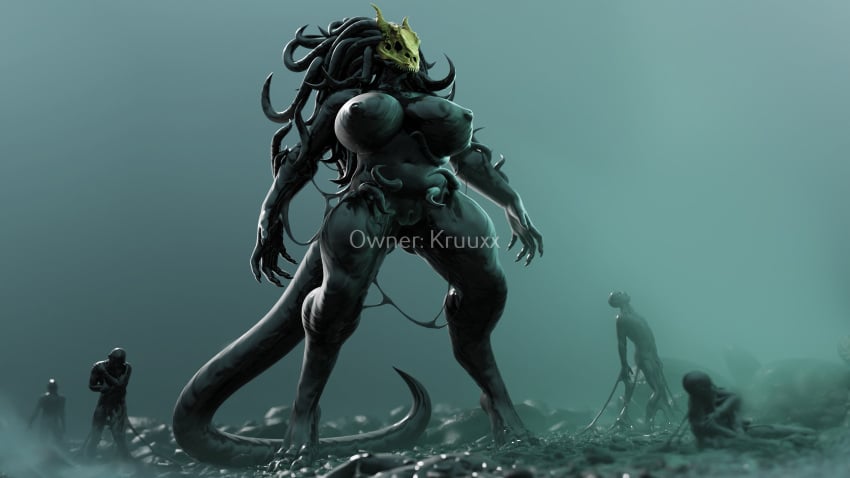 absurd_res anthro apulaz big_breasts breasts copyright_(kruuxx) death_stranding demon demon_beast female genitals goo_creature hi_res kruuxx larger_female monster moz'gollath nipples pussy size_difference solo tail tendrils umbra_beast umbra_hound