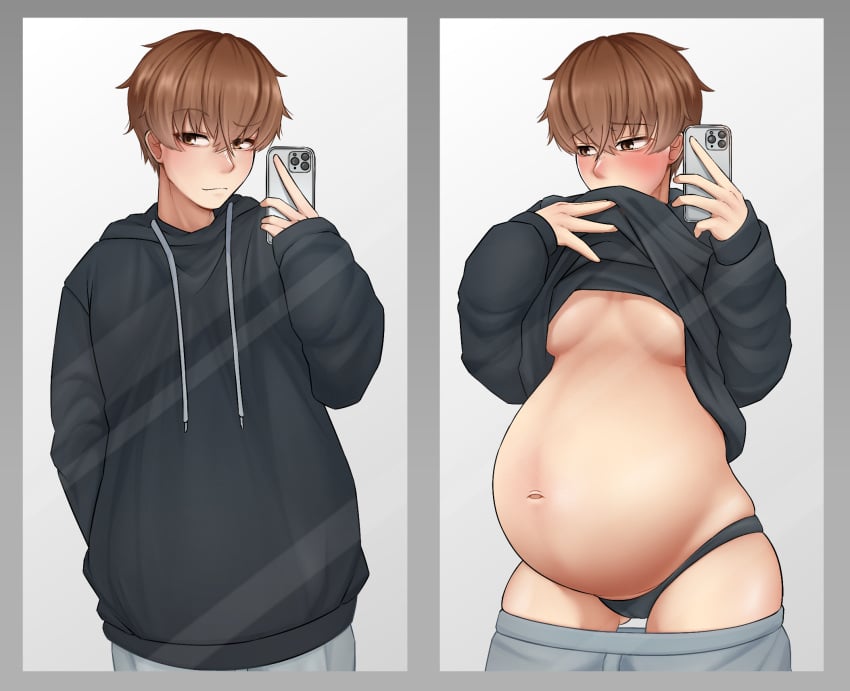 1girls belly big_belly big_breasts blush breasts cameltoe female hidden_curves hoodie linea_nigra milkfrommilking panties pregnant pregnant_tomboy reverse_trap shirt_lift short_hair solo solo_female tomboy underboob very_short_hair