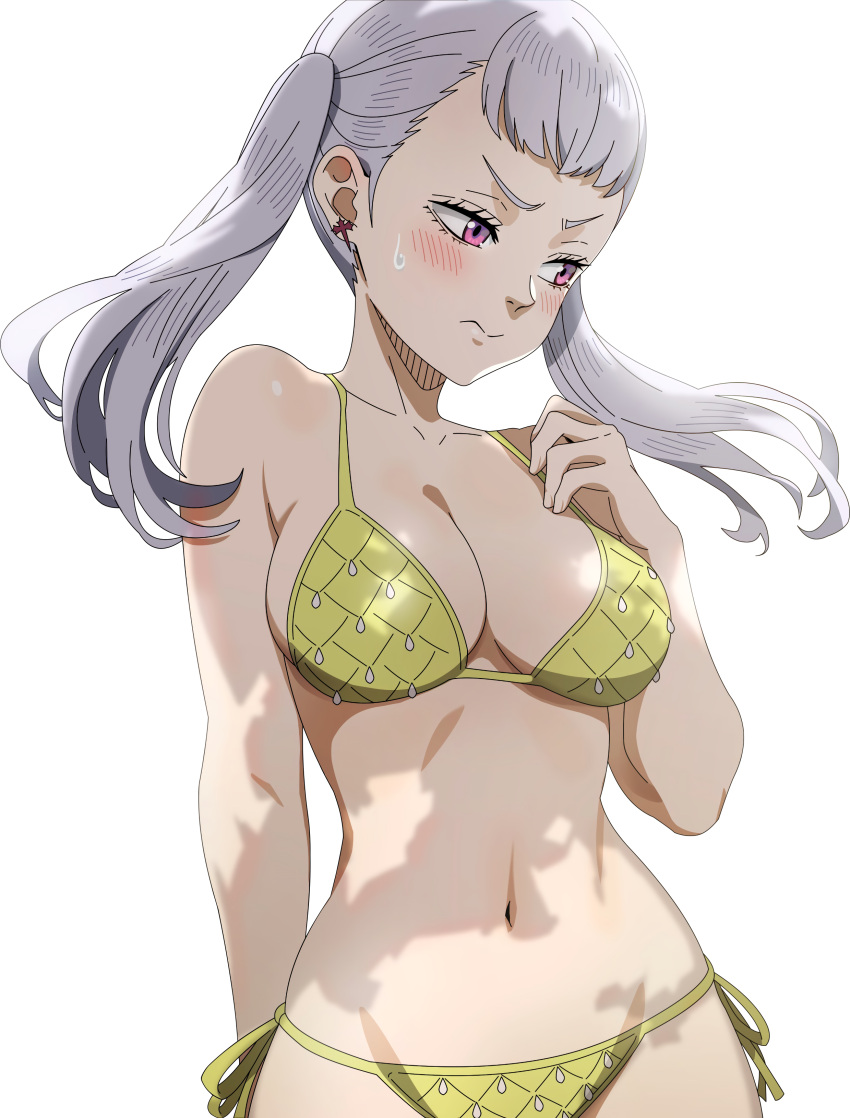 1girls 3: absurd_res beach bellybutton big_breasts bikini black_clover blush breasts cleavage cropped curvy embarrassed grey_hair hi_res large_breasts midriff navel no_background noelle_silva official_art purple_eyes shadow silver_hair skimpy skimpy_bikini sweatdrop tsundere twintails water wide_hips