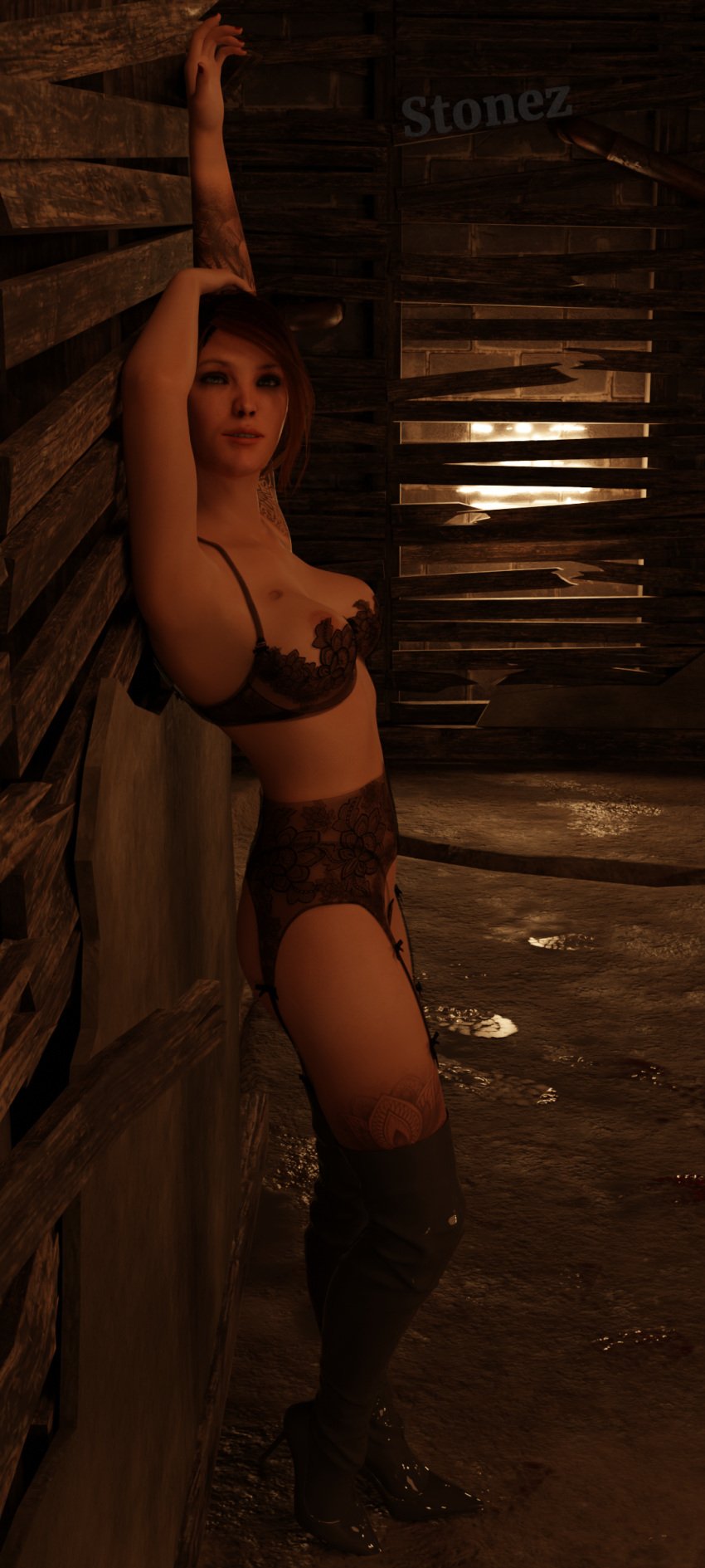 3d basement blonde_hair breasts dbd dead_by_daylight kate_denson lingerie solo_female stonez thigh_boots