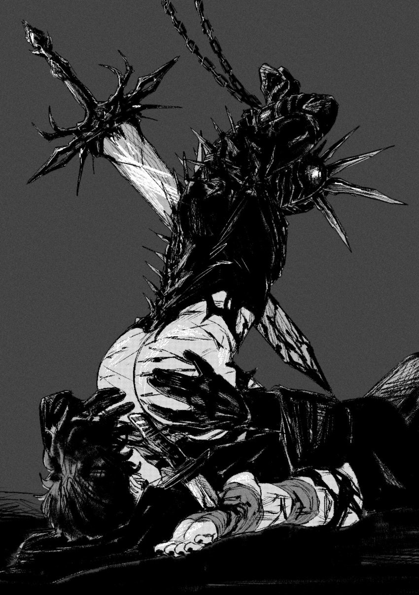 2boys absurdres anilingus arms_up ass bara bleeding blood blood_on_weapon chains check_copyright copyright_request cuts facing_another fake_horns greyscale guro helmet highres horned_helmet horns huge_weapon impaled injury interspecies male_focus monochrome multiple_boys original short_hair smokerichi spikes stab straddling sword weapon yaoi