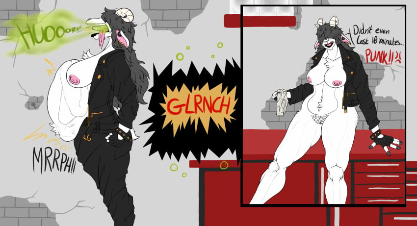 annoyed_pred anthro background biker biker_girl black_hair body_hair bottomless breasts burp burping comic dialogue digestion ear_gauges ear_piercing ear_piercings exposed_belly exposed_breasts female female_pred fingerless_gloves gloves guages hair horns infiniteshades instant_digestion leather_jacket leather_pants male male_prey naked_female nipples onomatopoeia oral_vore panels piercings pink_nipples pubes ram rapid_digestion stomach_noises tail tail_sticking_out text tight_belly tight_bulges vore vore_sounds white_fur