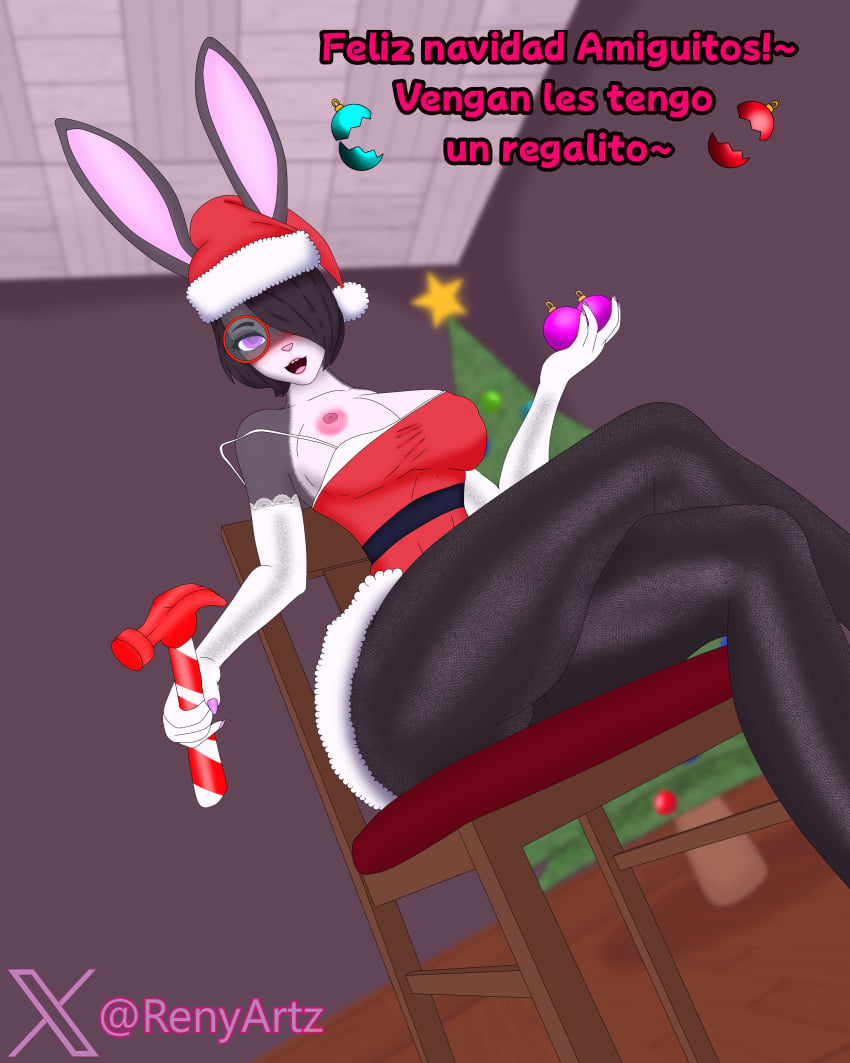 absurd_res anthro big_breasts breasts chair christmas christmas_clothing christmas_decorations christmas_headwear christmas_tree clothing costume crossed_legs dialogue eyewear female furniture glasses hair hammer hat headgear headwear hi_res holding_object holidays lagomorph leporid looking_at_viewer low-angle_view mammal multicolored_body nipples plant purple_eyes rabbit reny_(renyartz) renyartz santa_costume santa_hat short_hair sitting solo tools tree