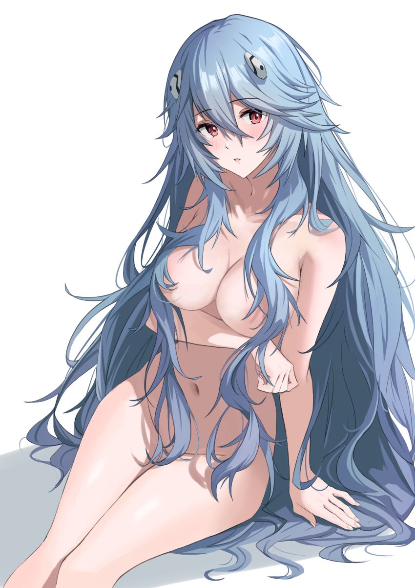 1girls absurdres alternate_hair_length alternate_hairstyle arm_across_waist awesome_crane ayanami_rei bare_legs bare_shoulders blue_hair blush breasts censored_nipples collarbone completely_nude convenient_censoring covered_erect_nipples evangelion:_3.0+1.0_thrice_upon_a_time feet_out_of_frame hair_between_eyes hair_censor head_tilt highres large_breasts leaning_to_the_side lips long_hair navel neon_genesis_evangelion nude plugsuit rebuild_of_evangelion red_eyes rei_ayanami simple_background sitting solo thighs very_long_hair wavy_hair white_background