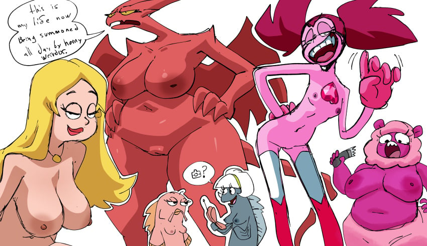 6girls american_dad background_characters big_breasts blonde_hair centaurworld coolerinker crossover demon doodle english_text francine_smith gem_(species) hi_res incidental_14 incidental_7 inker_comics inkershike looking_at_viewer lucia_(satina) multiple_girls nipples pink_skin red_skin satina simple_background size_difference small_breasts speech_bubble spinel_(steven_universe) spongebob_squarepants steven_universe wammawink