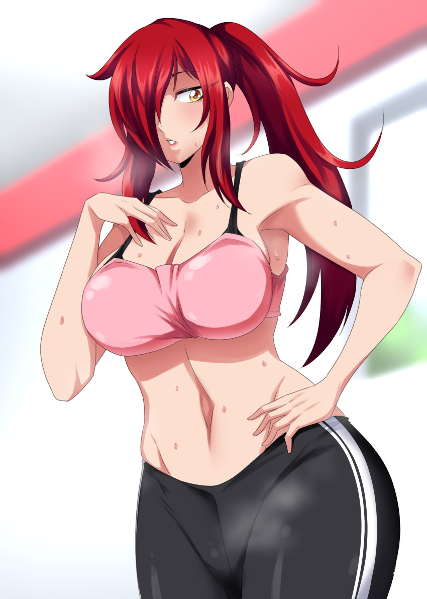 1girls big_breasts black_pants bottomwear breasts clothing female female_only hair hair_over_one_eye hand_on_hip huge_breasts pants parasoul ponytail red_hair skullgirls solo solo_female sports_bra sports_uniform sportswear sweat sweatdrop sweaty sweaty_body tobyllitos topwear yellow_eyes