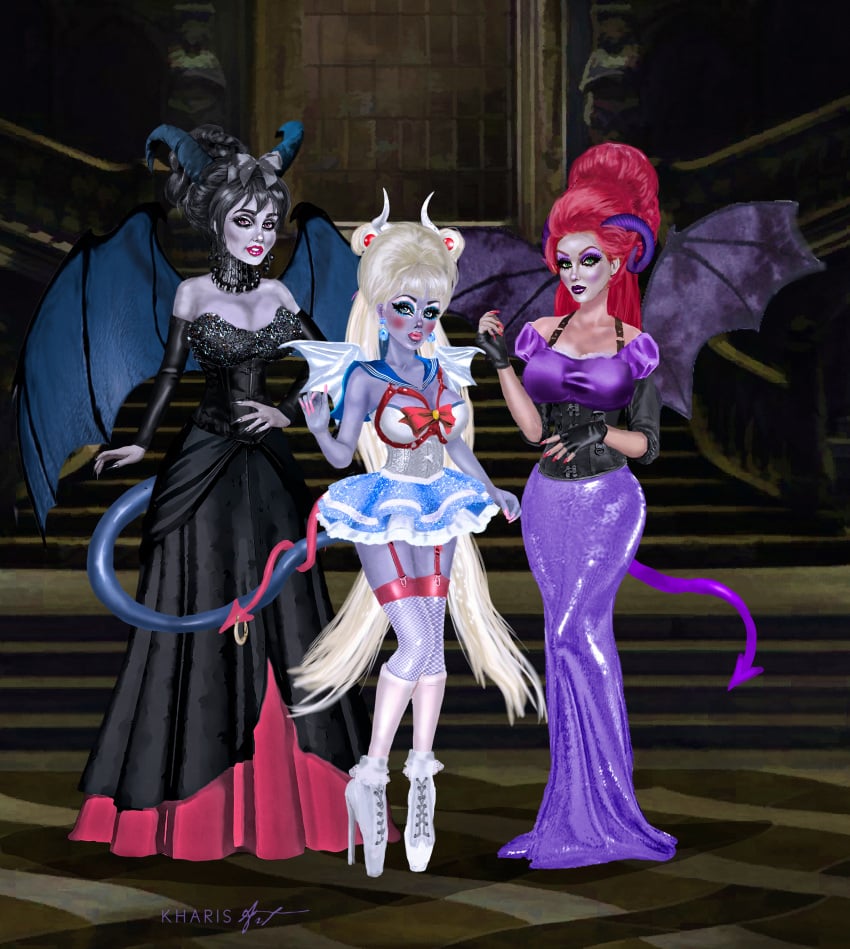 2demons 3girls ballet_heels beehive_hairdo big_hair bishoujo_senshi_sailor_moon blue_skin bondage bouffant_hair clothing corruption demon demon_girl demon_horns demon_tail dress enemy_conversion female female_only garter_straps high_heels huge_ass huge_breasts implied_transformation kharis-art large_breasts leash lingerie makeup multiple_girls navel navel_piercing ranma-chan ranma_1/2 ranma_saotome stockings succubus teased_hair thick_lips thick_thighs transformation updo usagi_tsukino wide_hips