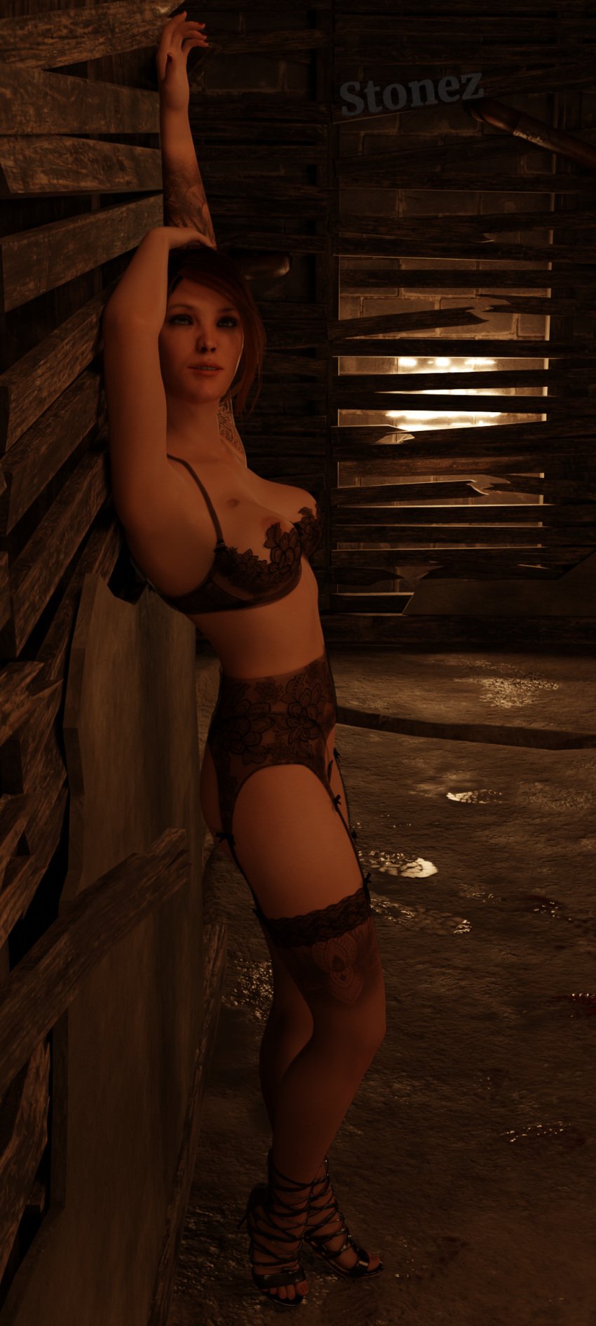 3d basement blonde_hair breasts dbd dead_by_daylight feet heels kate_denson lingerie solo_female stockings stonez tattoo tits toes