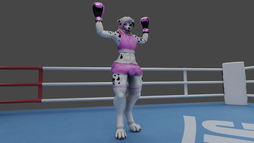 abs absurd_res anthro ashley_(galethehusky) barefoot black_spots blue_eyes bottomware boxing boxing_gloves bulge canid canine canis clothing dalmatian domestic_dog feet fight fighting_ring first_person_view flexing fur galethehusky girly grey_background handwear hi_res huge_filesize knockout legwear looking_at_viewer male mammal markings muscular muscular_male pink_boxing_gloves pink_clothing pink_crop_top pink_hair_tips pink_handwear pink_hotpants simple_background solo sport spots spotted_body spotted_fur standing_over sweater taunting thigh_highs topwear white_body white_clothing white_fur white_legwear white_thigh_highs