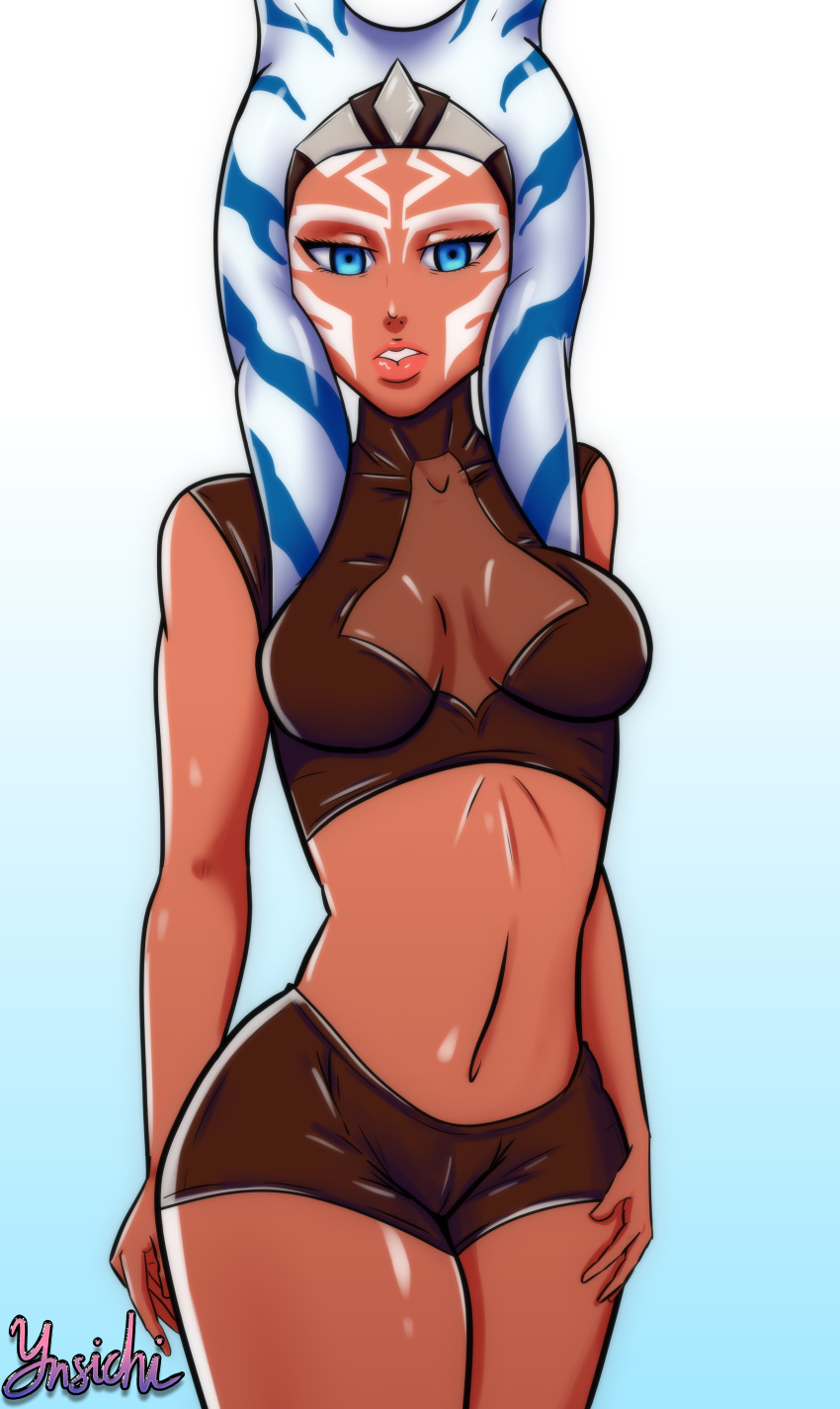 1girls ahsoka_tano alternate_costume blue_background breasts cleavage cleavage_cutout clothing crop_top female female_only front_view headband headgear orange-skinned_female orange_body orange_skin shiny_skin shirt shorts simple_background sleeveless solo standing star_wars star_wars_rebels tagme text togruta watermark ynsichi