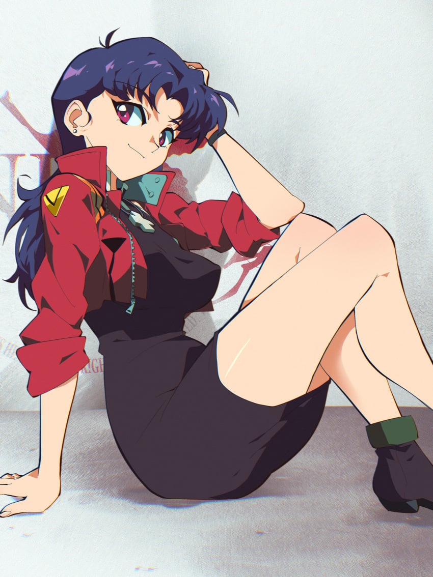 adorable aetherion_art bare_legs boots cute long_hair looking_at_viewer misato_katsuragi neon_genesis_evangelion purple_hair red_eyes sitting sitting_down sitting_on_floor skirt tight_clothing