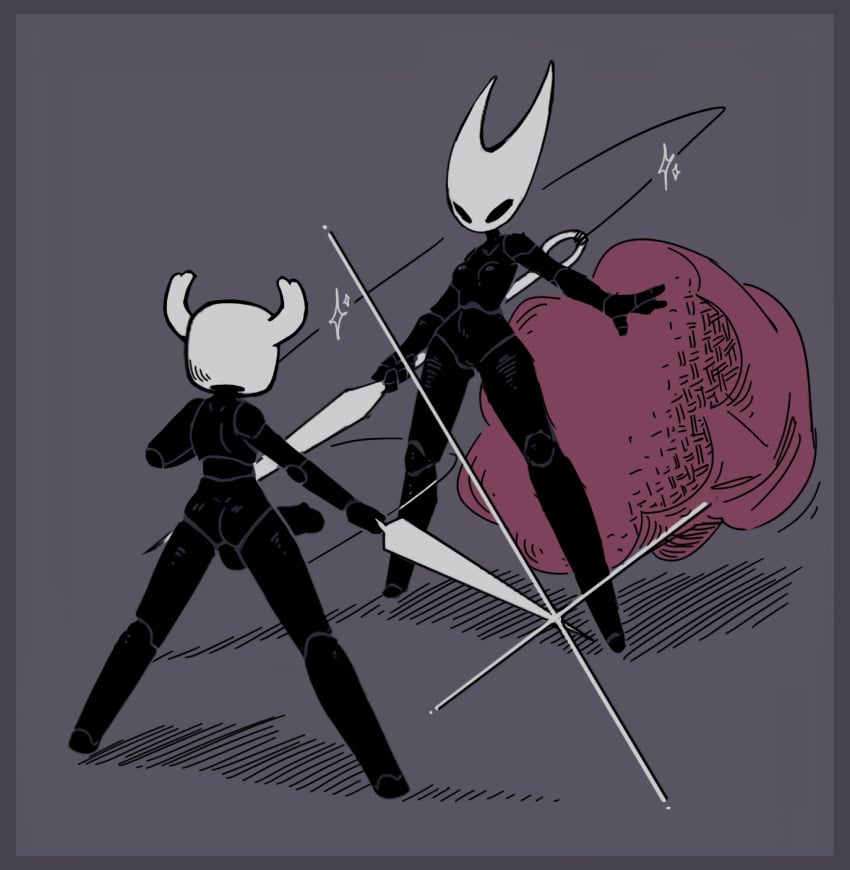 anthro arthropod ass before_fight breasts clothing dark_background discarded_clothing duo featureless_breasts female genitals grey_background hi_res hollow_knight hornet_(hollow_knight) male nekuzx nude penis protagonist_(hollow_knight) pussy simple_background team_cherry weapon