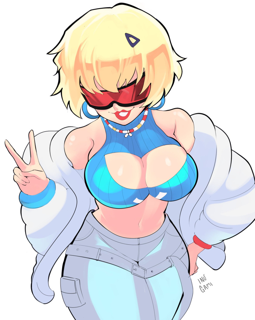 belt blonde_hair boob_window breasts cleavage crop_top earrings evie_(fortnite) fortnite glasses inugaami jacket long_sleeves necklace pants red-tinted_eyewear red_lipstick short_hair summitseeker_evie_(fortnite) tagme thick_thighs tinted_eyewear wide_hips