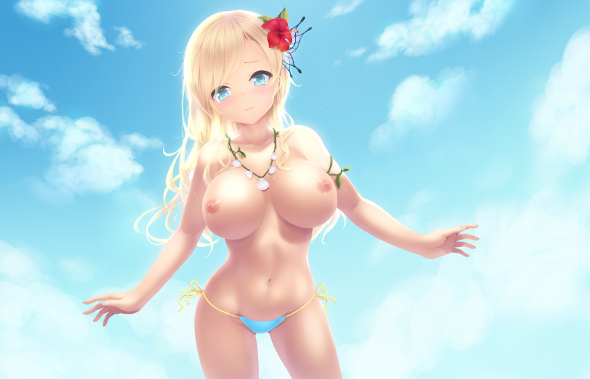 bikini_bottom blue_eyes blue_sky boku_wa_tomodachi_ga_sukunai breasts butterfly_hair_ornament cait nipples sena_kashiwazaki topless